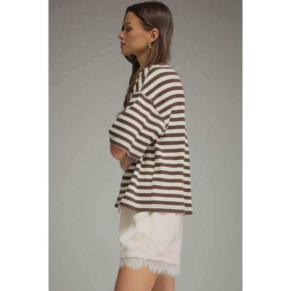 Brown Striped Oversized Waffle Knit Top