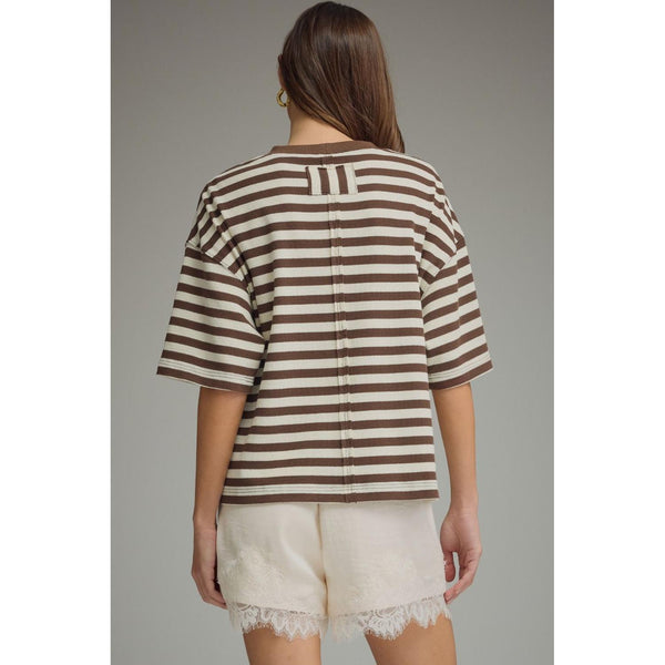 Brown Striped Oversized Waffle Knit Top