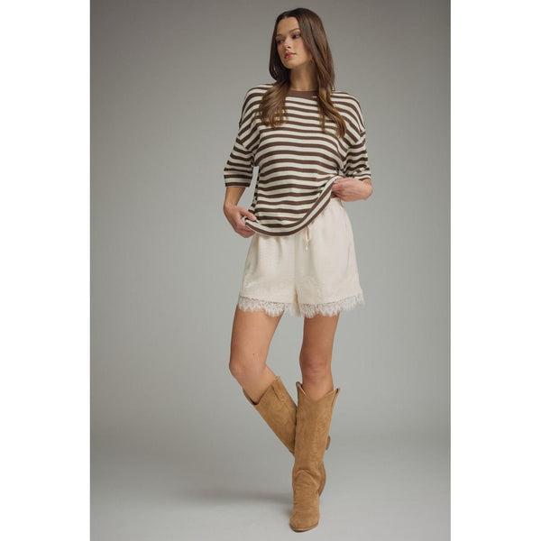 Brown Striped Oversized Waffle Knit Top