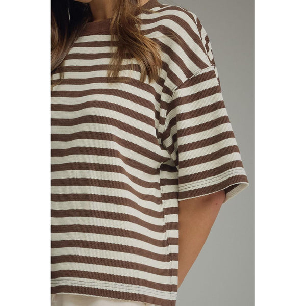 Brown Striped Oversized Waffle Knit Top