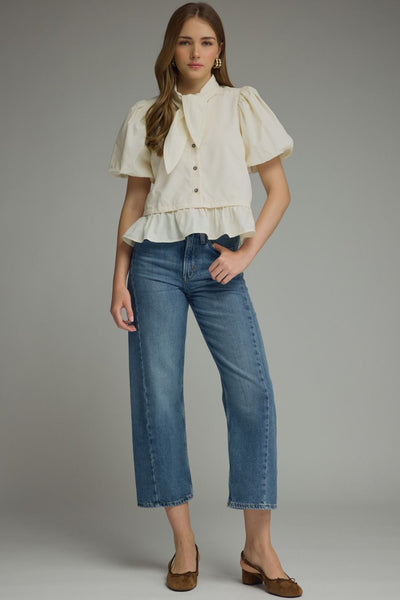 Cream Neck Tie Ruffle Blouse