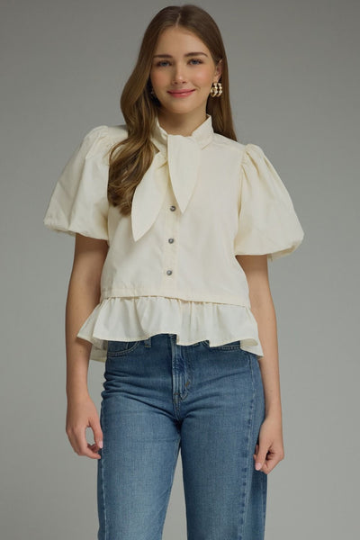 Cream Neck Tie Ruffle Blouse