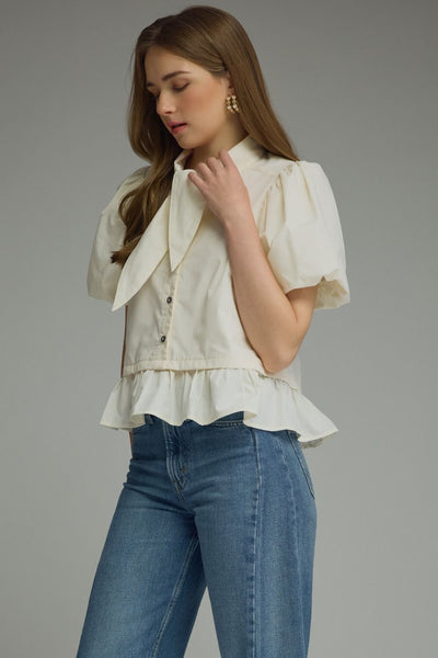 Cream Neck Tie Ruffle Blouse