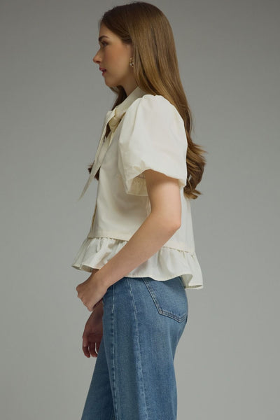 Cream Neck Tie Ruffle Blouse