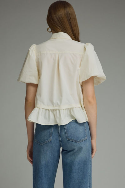 Cream Neck Tie Ruffle Blouse