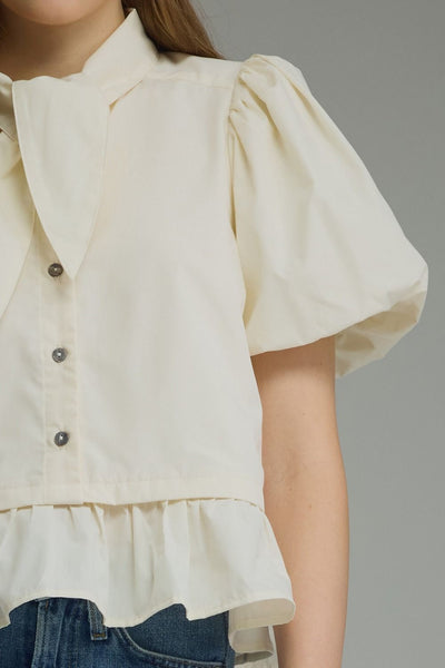 Cream Neck Tie Ruffle Blouse