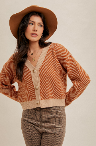 Rust Chevron Patterned Crop Boxy Cardigan