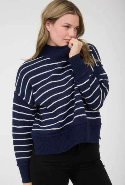 Navy Side Split Striped Sweater