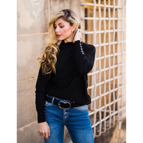 Black Mock Neck Top with Button Details