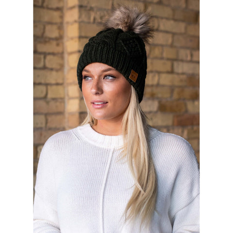 Hunter Green Hat with Pom Accent