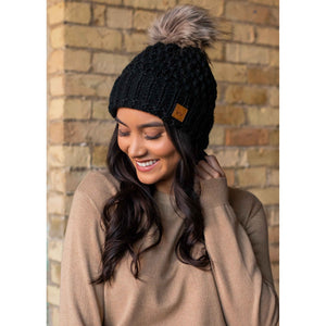Black Textured Hat with Pom Accent