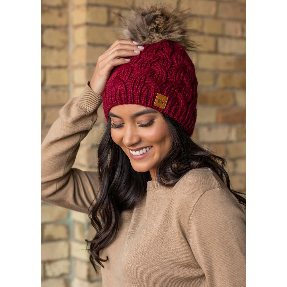 Wine Cable Knit Hat with Pom Accent