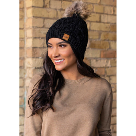 Black Cable Knit Hat with Pom Accent