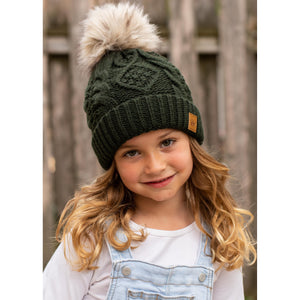 KIDS - Green Cable Knit Hat with Pom Accent