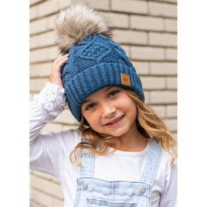 KIDS - Blue Cable Knit Hat with Pom Accent
